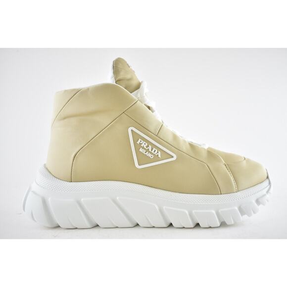 Prada Rush Piuma Nylon Beige White Platform Flat High Top Trainer Sneaker 38.5 - Picture 3 of 12